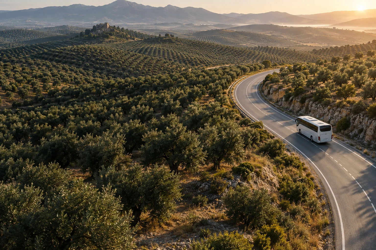 Ilustración de un autocar recorriendo una carretera entre olivares, inspirada en el paisaje de Jaén